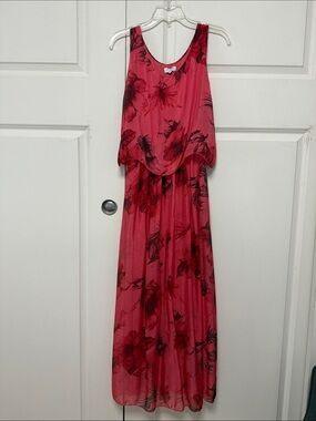 Sleeveless Red Floral Maxi Dress with Layered Bodice